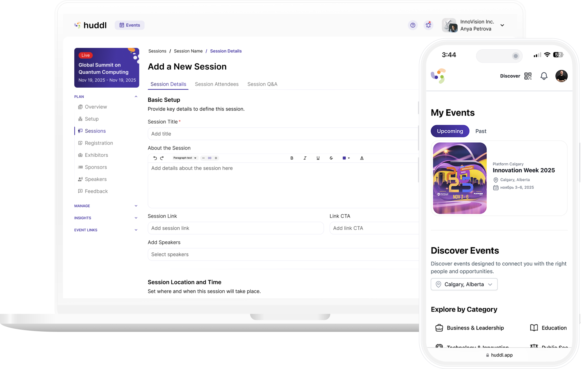 Huddl platform shown on desktop and mobile devices