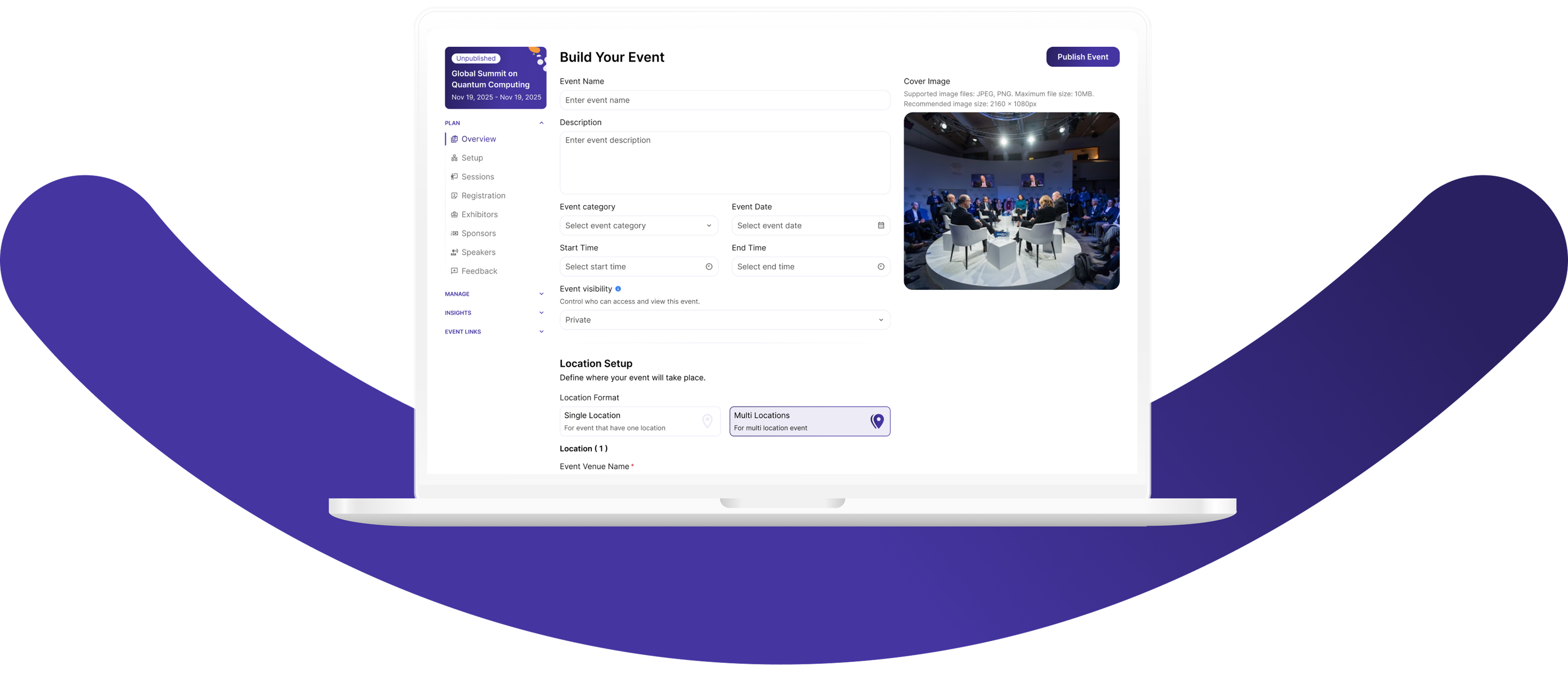Huddl event management workspace on desktop